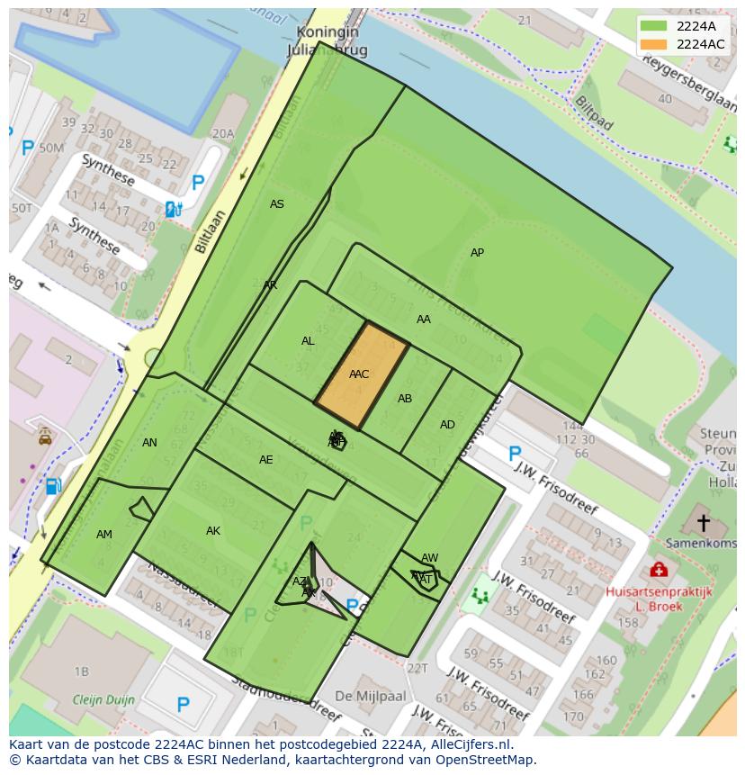 Afbeelding van het postcodegebied 2224 AC op de kaart.