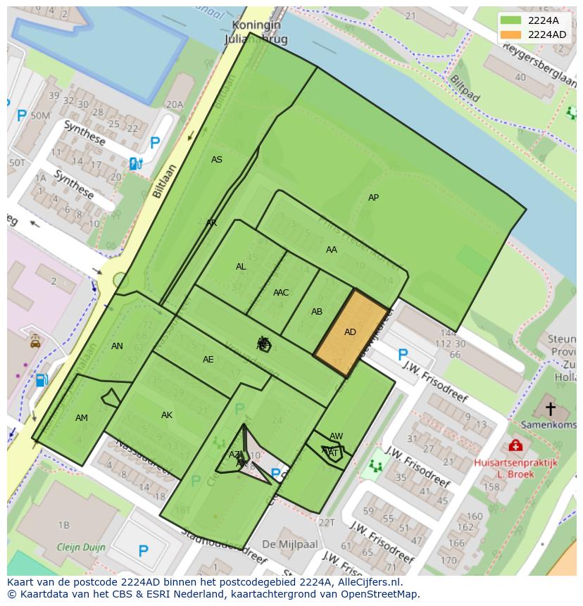 Afbeelding van het postcodegebied 2224 AD op de kaart.