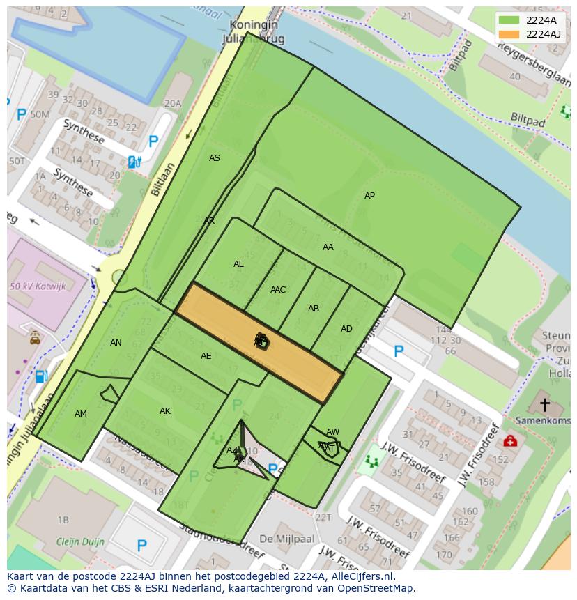Afbeelding van het postcodegebied 2224 AJ op de kaart.
