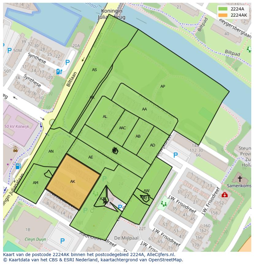 Afbeelding van het postcodegebied 2224 AK op de kaart.