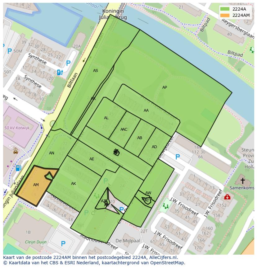 Afbeelding van het postcodegebied 2224 AM op de kaart.