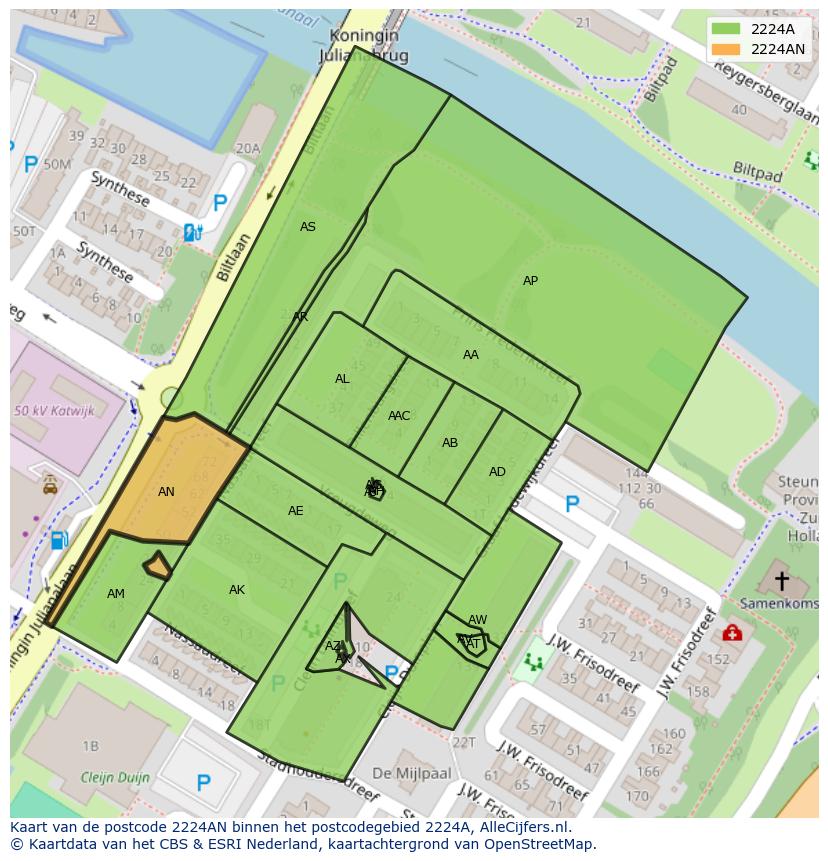 Afbeelding van het postcodegebied 2224 AN op de kaart.