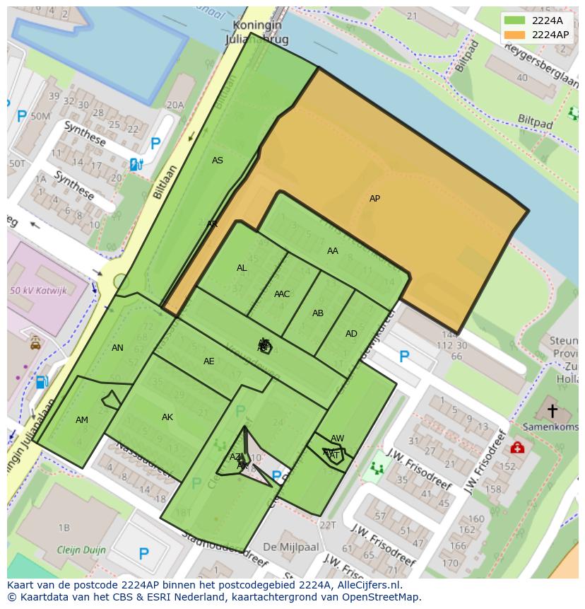 Afbeelding van het postcodegebied 2224 AP op de kaart.