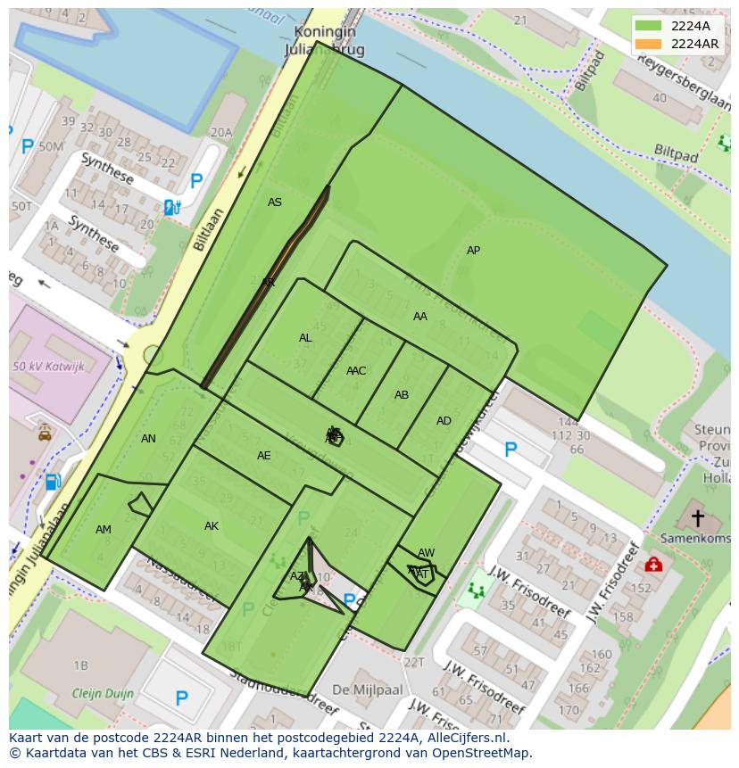 Afbeelding van het postcodegebied 2224 AR op de kaart.