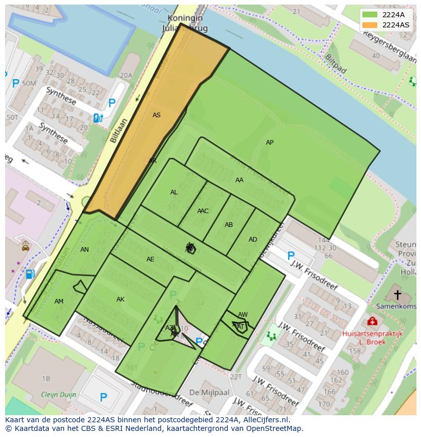 Afbeelding van het postcodegebied 2224 AS op de kaart.