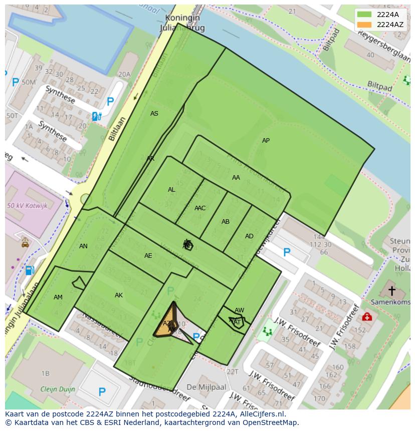 Afbeelding van het postcodegebied 2224 AZ op de kaart.