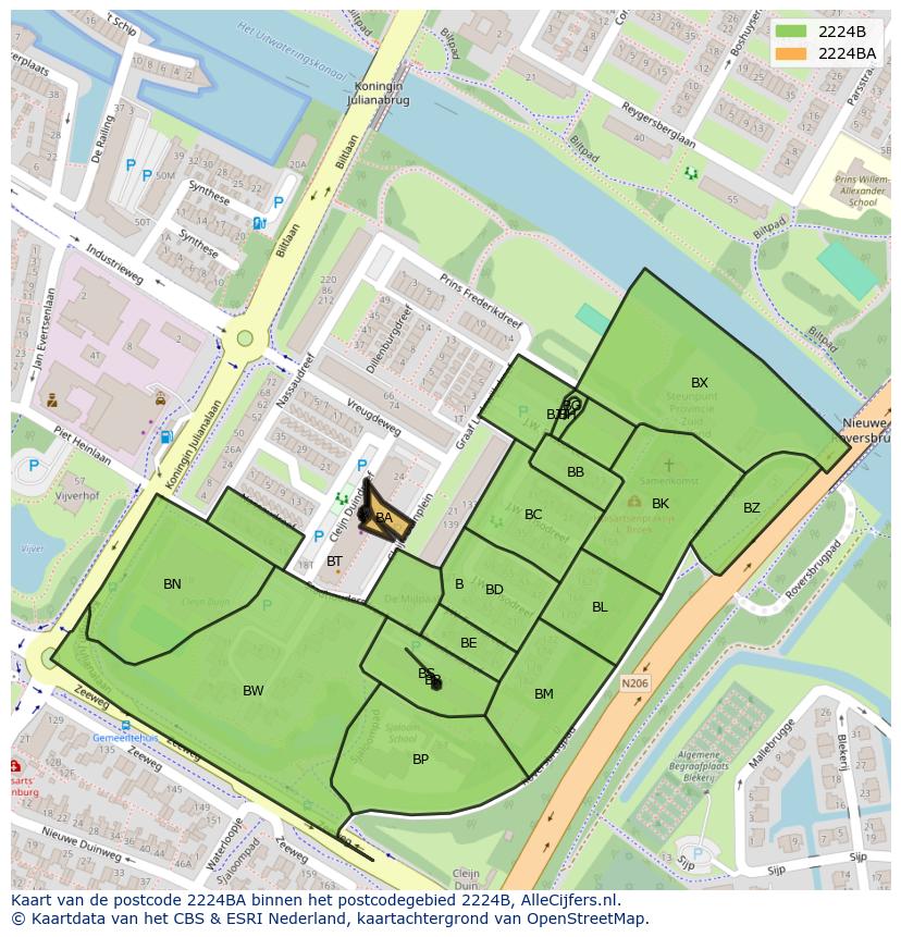 Afbeelding van het postcodegebied 2224 BA op de kaart.