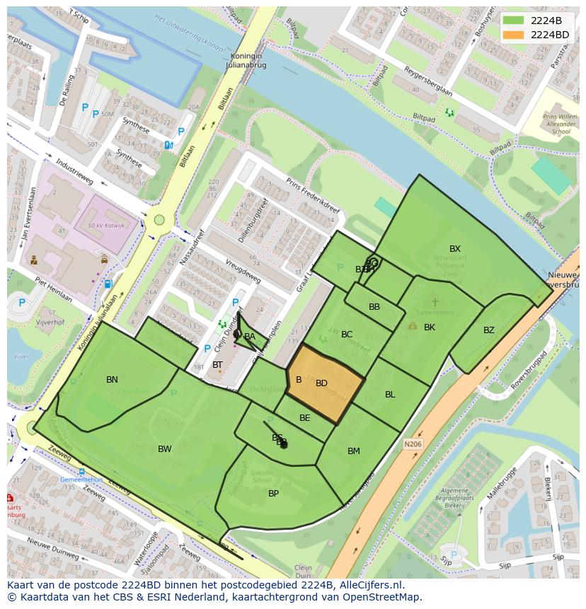 Afbeelding van het postcodegebied 2224 BD op de kaart.