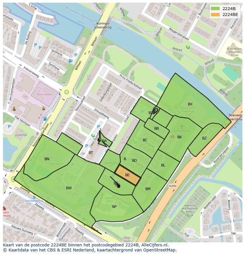Afbeelding van het postcodegebied 2224 BE op de kaart.