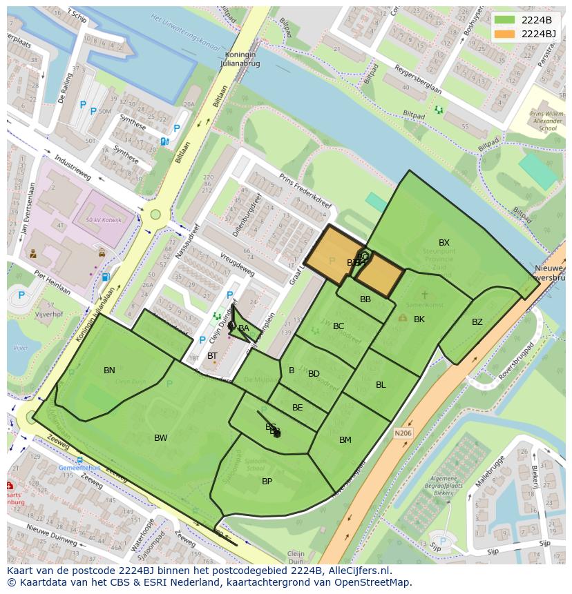 Afbeelding van het postcodegebied 2224 BJ op de kaart.