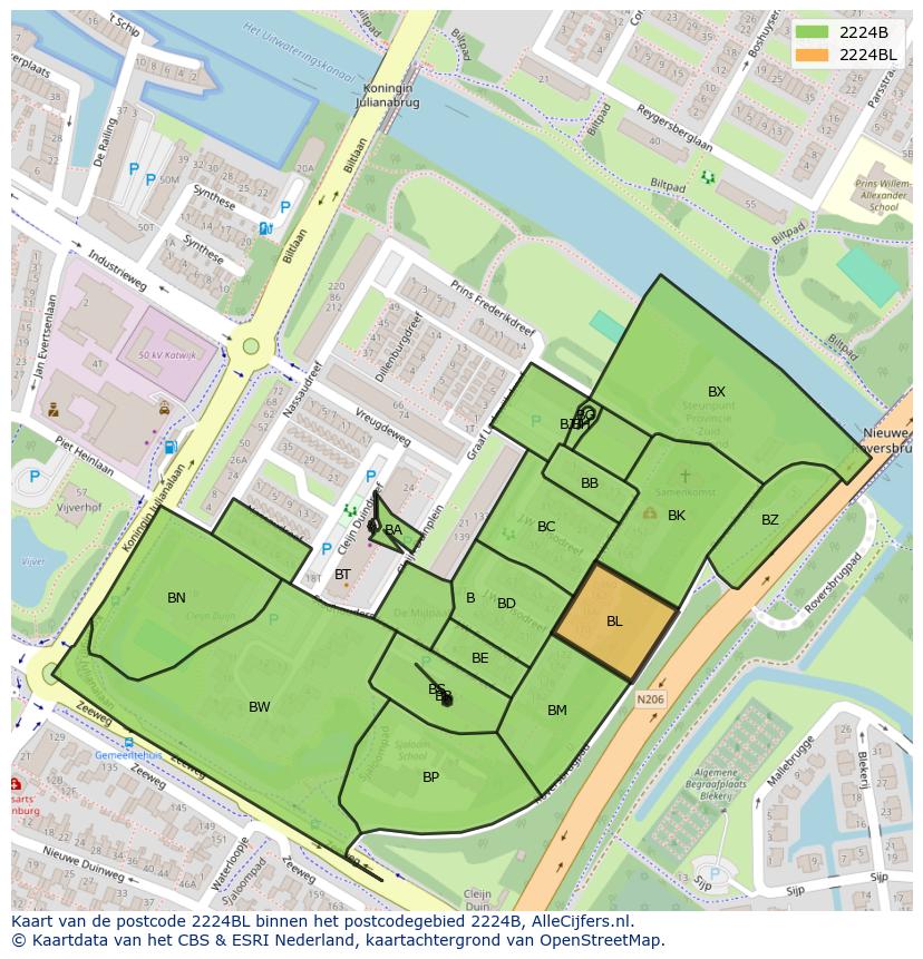 Afbeelding van het postcodegebied 2224 BL op de kaart.