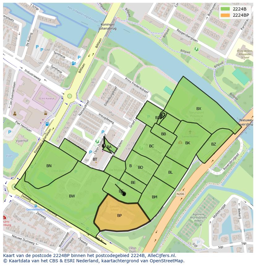 Afbeelding van het postcodegebied 2224 BP op de kaart.