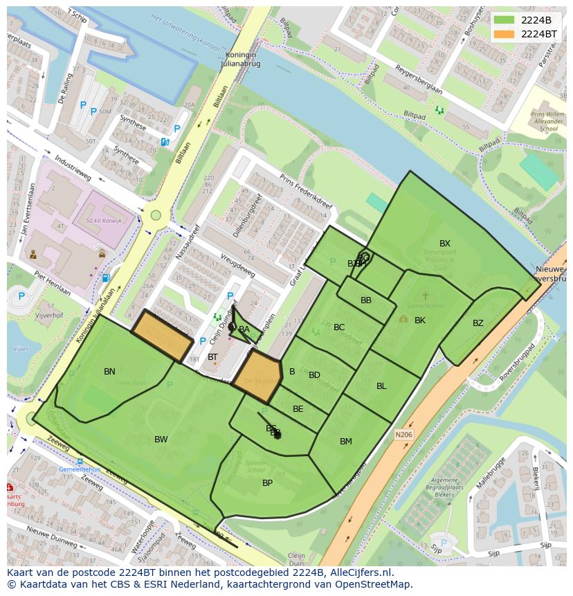 Afbeelding van het postcodegebied 2224 BT op de kaart.