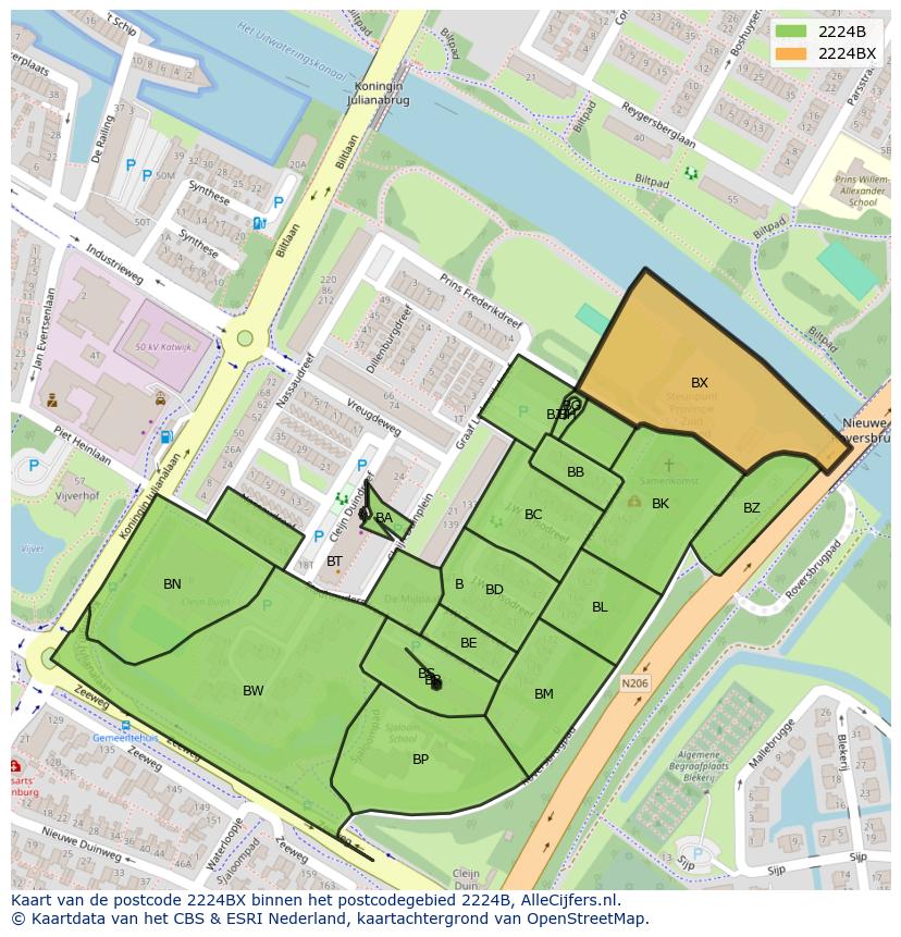 Afbeelding van het postcodegebied 2224 BX op de kaart.