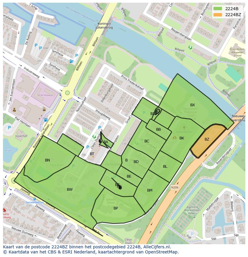 Afbeelding van het postcodegebied 2224 BZ op de kaart.