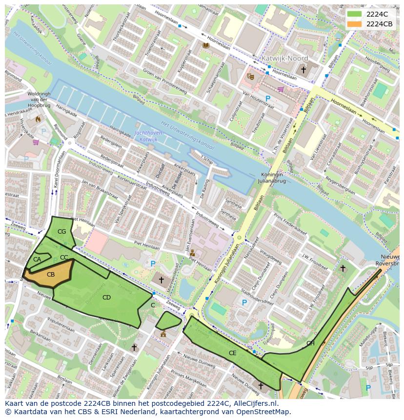 Afbeelding van het postcodegebied 2224 CB op de kaart.