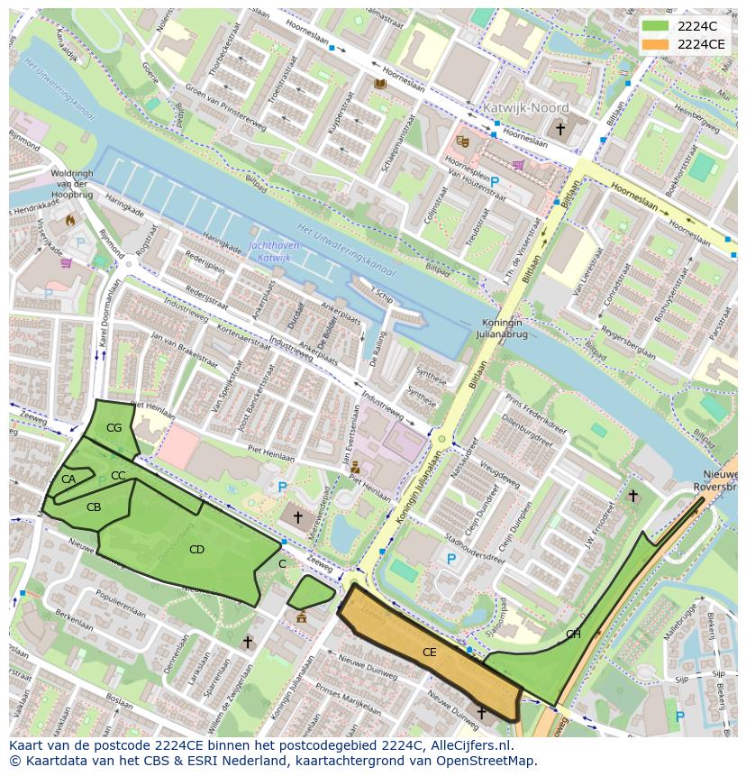 Afbeelding van het postcodegebied 2224 CE op de kaart.