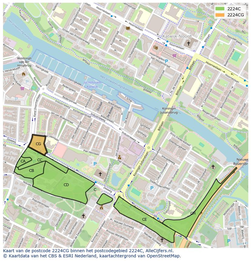 Afbeelding van het postcodegebied 2224 CG op de kaart.