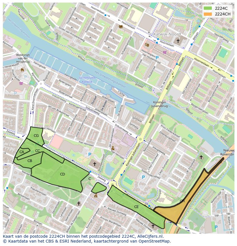 Afbeelding van het postcodegebied 2224 CH op de kaart.