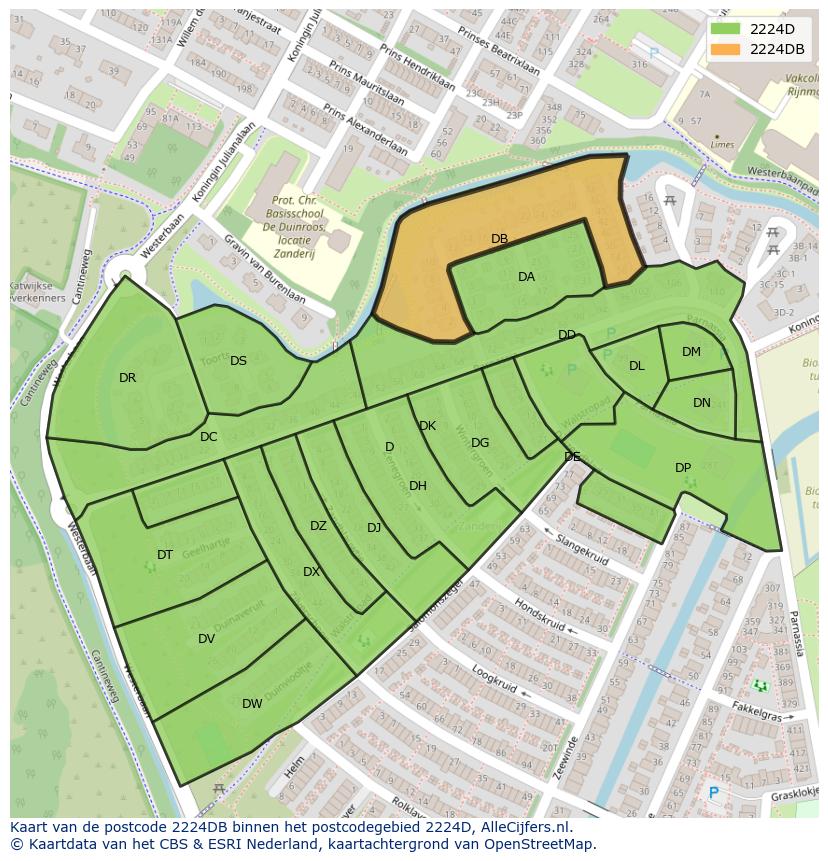 Afbeelding van het postcodegebied 2224 DB op de kaart.