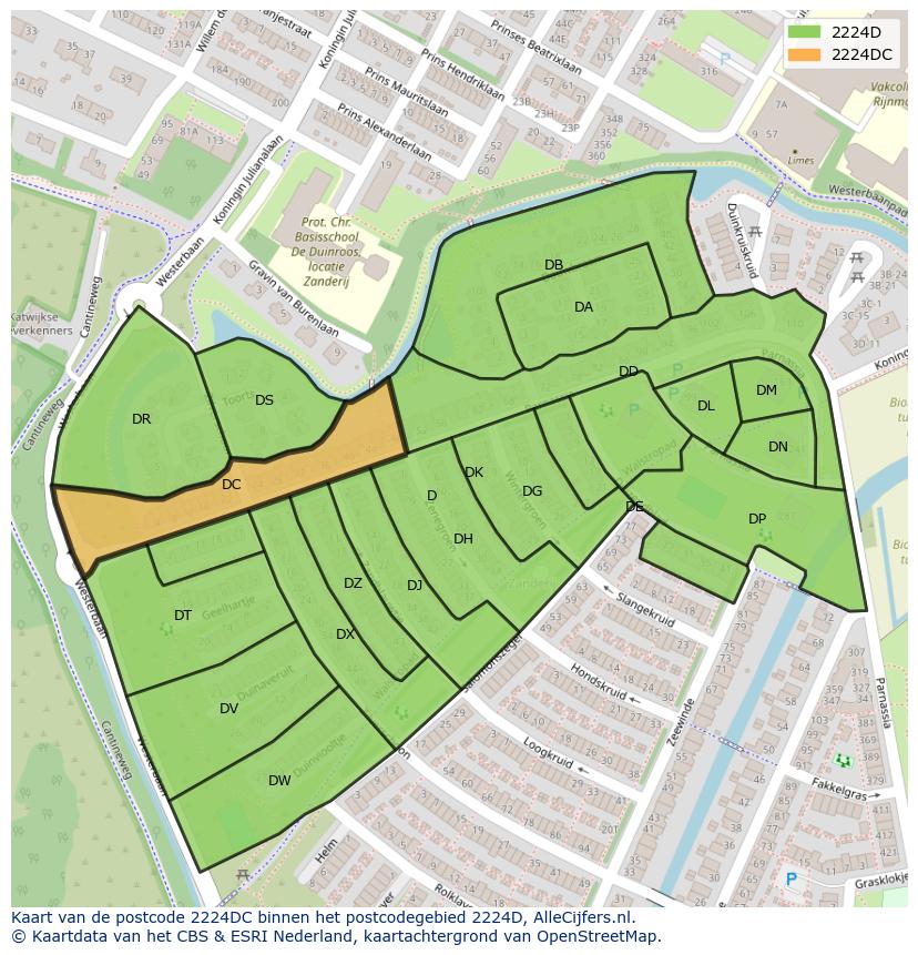 Afbeelding van het postcodegebied 2224 DC op de kaart.