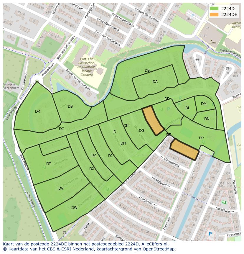 Afbeelding van het postcodegebied 2224 DE op de kaart.