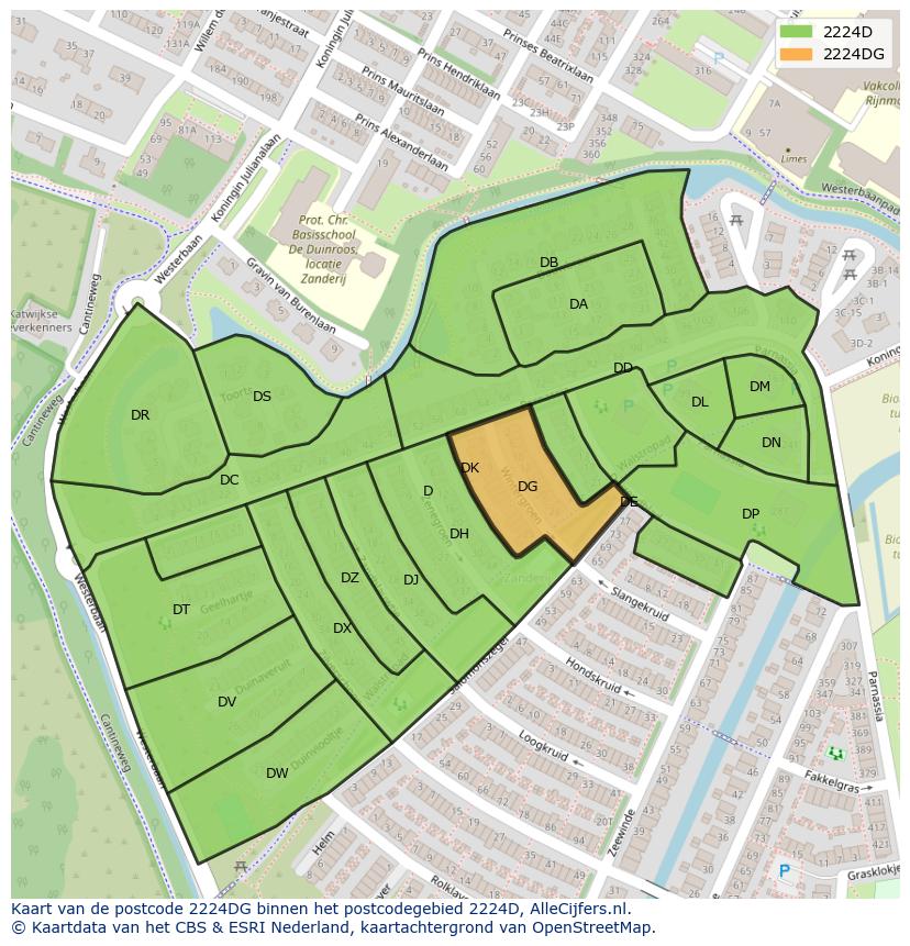 Afbeelding van het postcodegebied 2224 DG op de kaart.