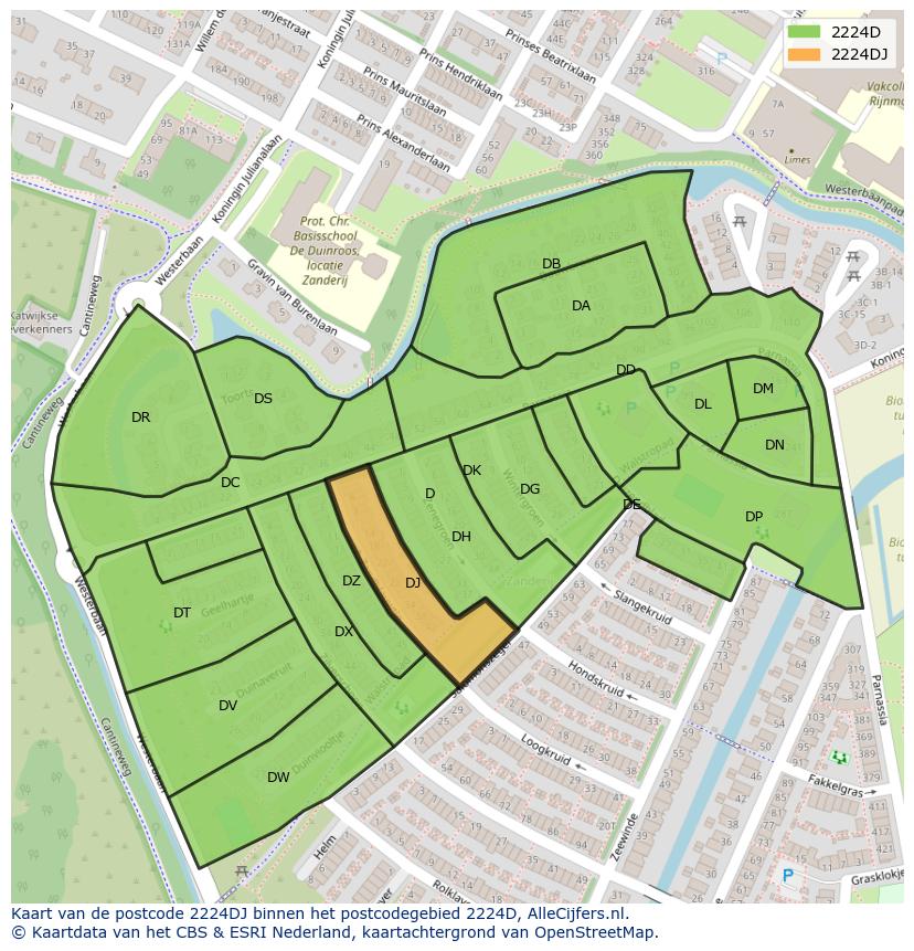 Afbeelding van het postcodegebied 2224 DJ op de kaart.