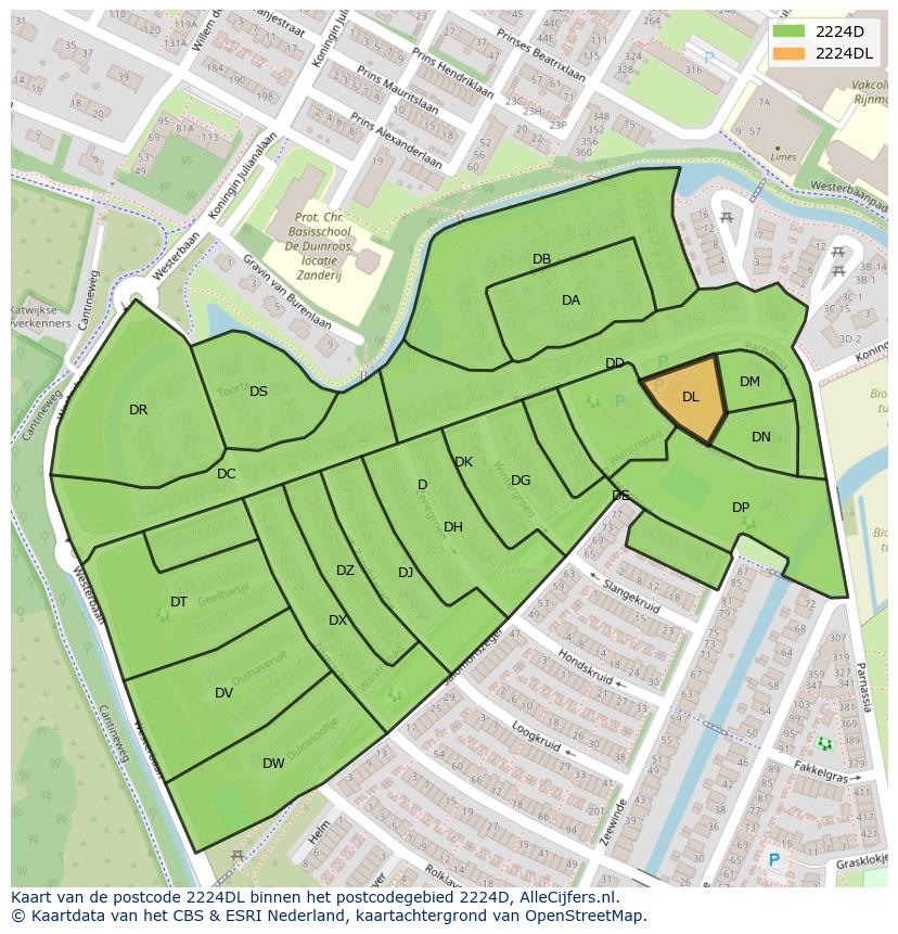 Afbeelding van het postcodegebied 2224 DL op de kaart.