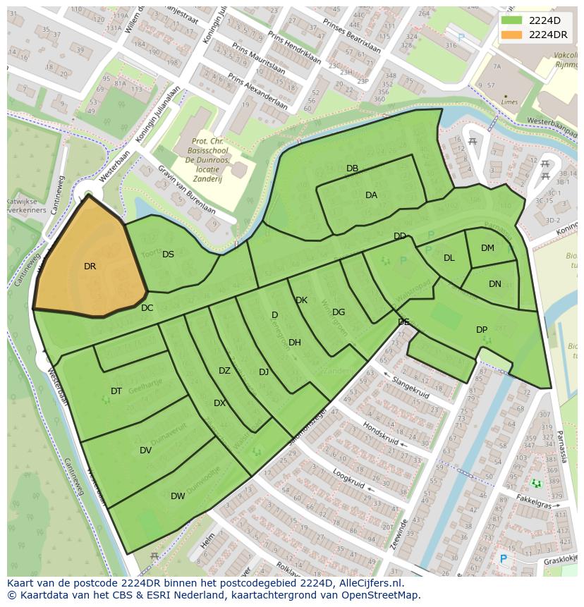 Afbeelding van het postcodegebied 2224 DR op de kaart.
