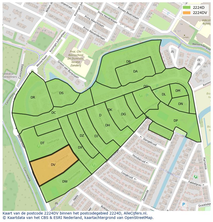 Afbeelding van het postcodegebied 2224 DV op de kaart.