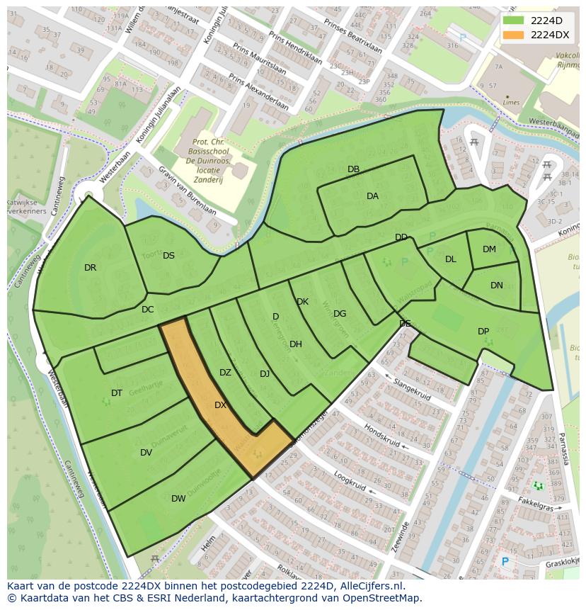 Afbeelding van het postcodegebied 2224 DX op de kaart.