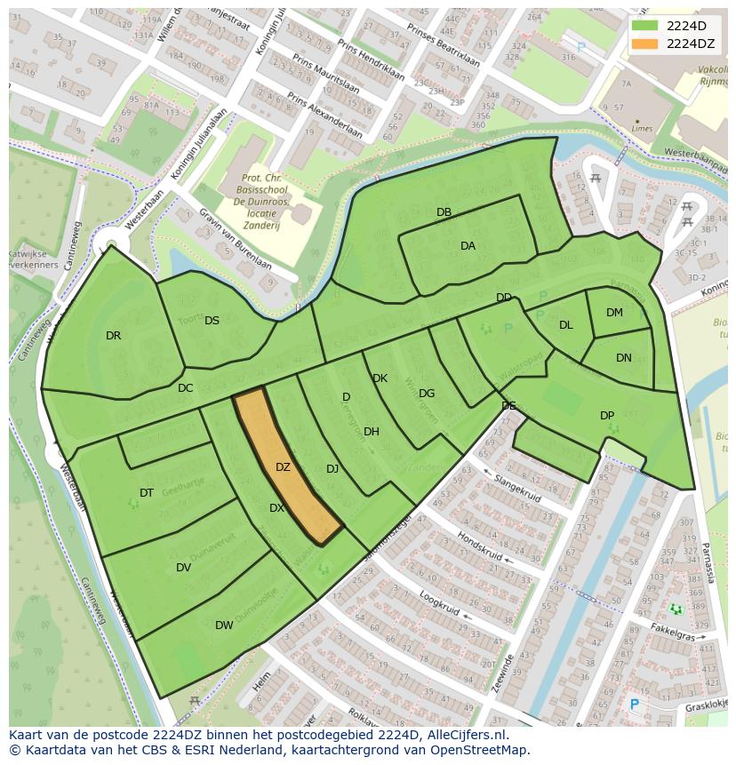 Afbeelding van het postcodegebied 2224 DZ op de kaart.