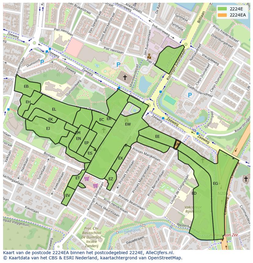 Afbeelding van het postcodegebied 2224 EA op de kaart.