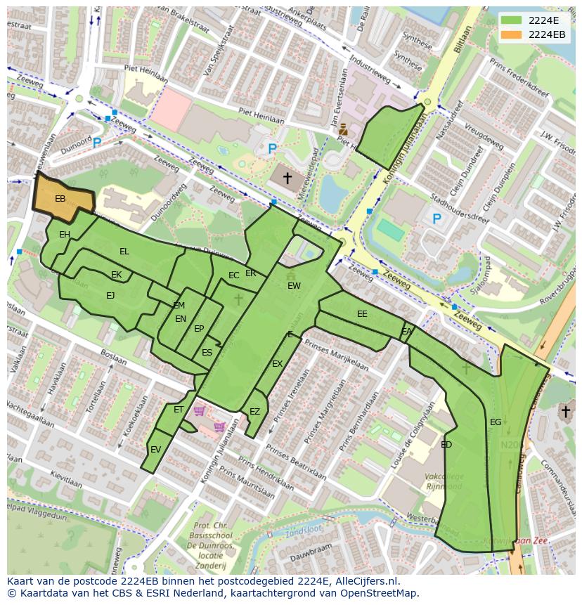 Afbeelding van het postcodegebied 2224 EB op de kaart.