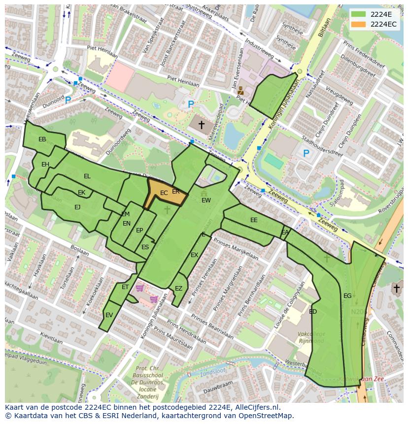 Afbeelding van het postcodegebied 2224 EC op de kaart.