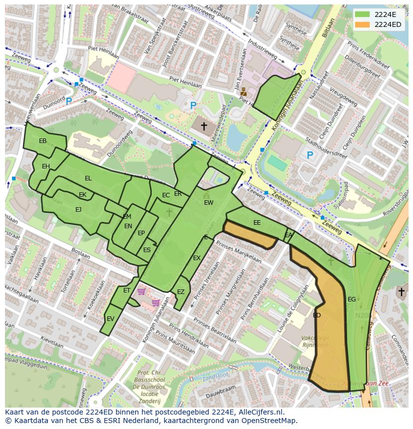 Afbeelding van het postcodegebied 2224 ED op de kaart.
