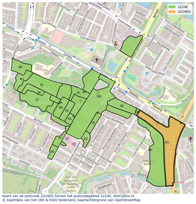 Afbeelding van het postcodegebied 2224 EG op de kaart.