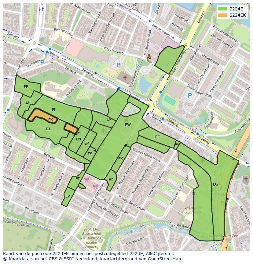 Afbeelding van het postcodegebied 2224 EK op de kaart.