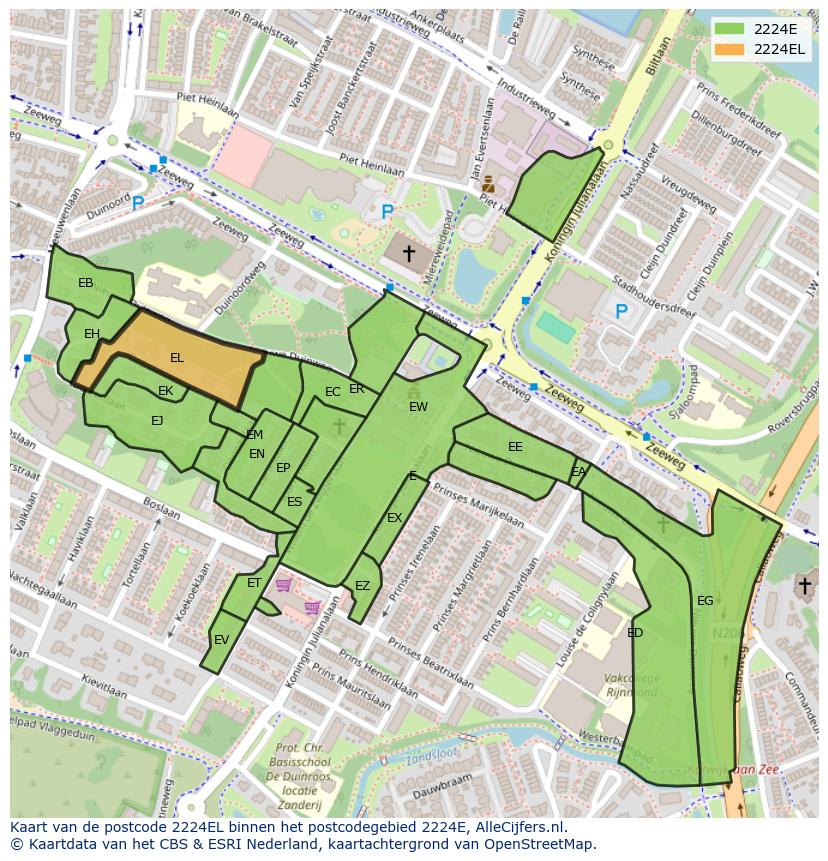 Afbeelding van het postcodegebied 2224 EL op de kaart.