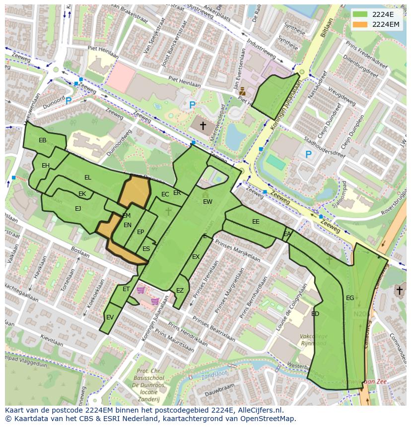 Afbeelding van het postcodegebied 2224 EM op de kaart.