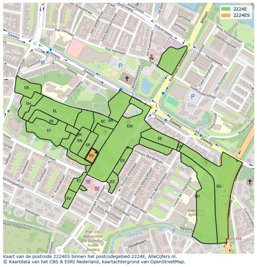 Afbeelding van het postcodegebied 2224 ES op de kaart.