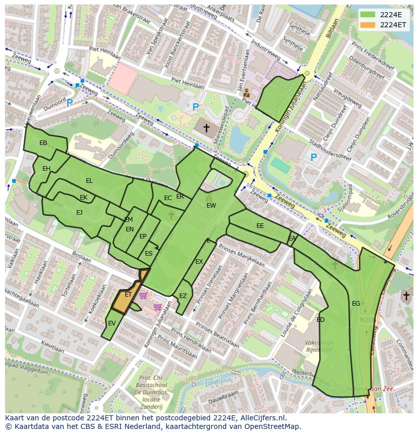 Afbeelding van het postcodegebied 2224 ET op de kaart.