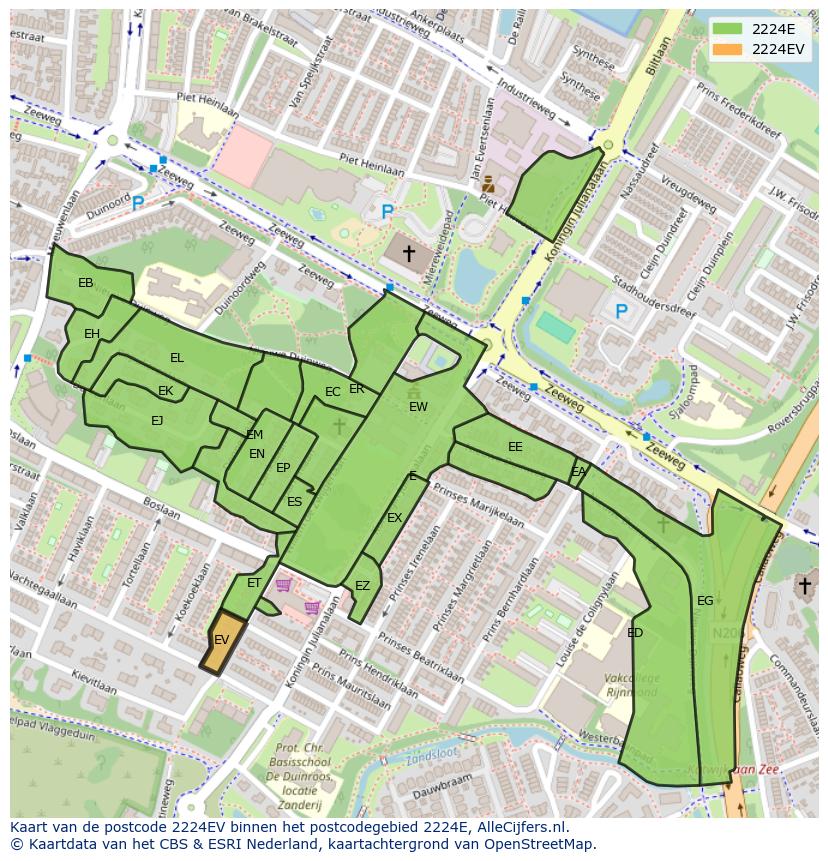 Afbeelding van het postcodegebied 2224 EV op de kaart.