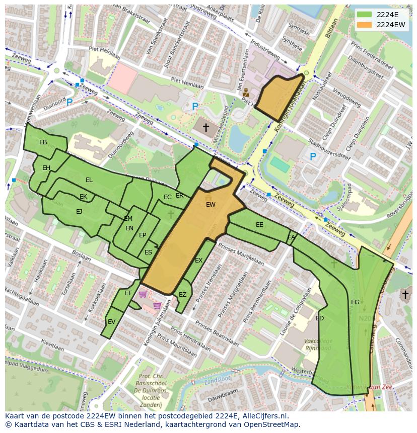 Afbeelding van het postcodegebied 2224 EW op de kaart.