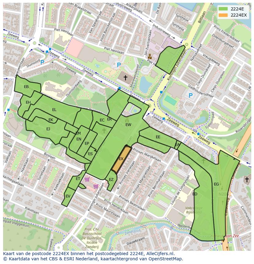 Afbeelding van het postcodegebied 2224 EX op de kaart.