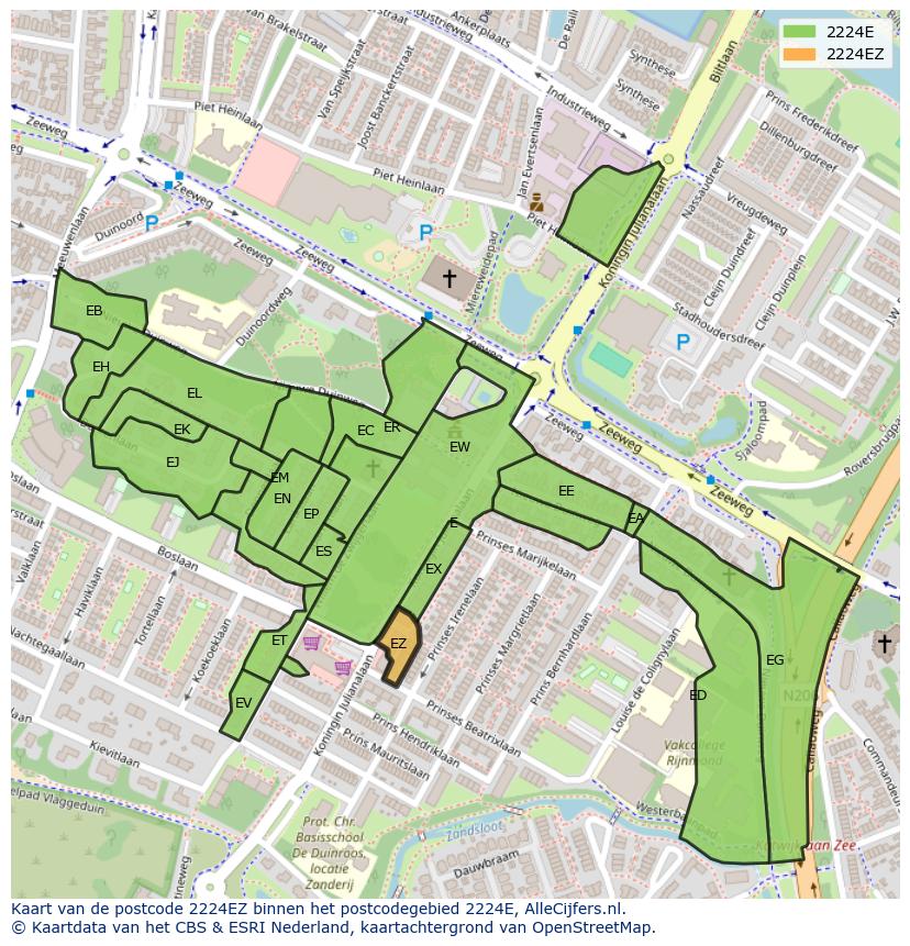 Afbeelding van het postcodegebied 2224 EZ op de kaart.