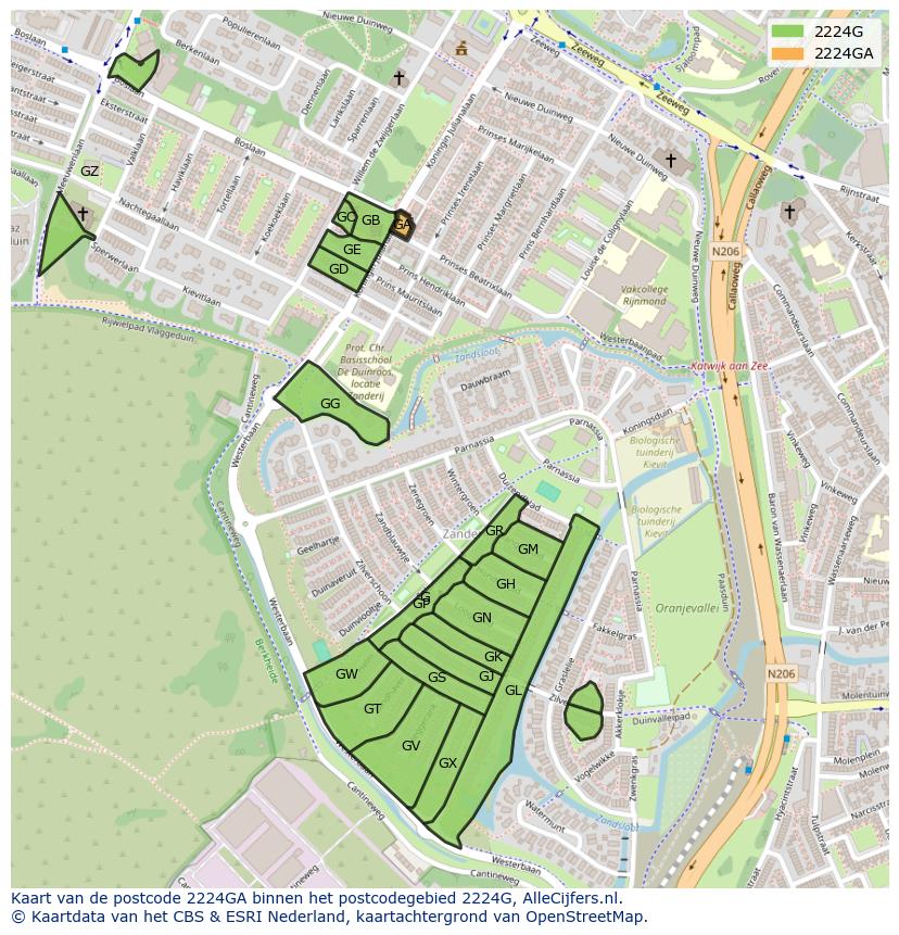 Afbeelding van het postcodegebied 2224 GA op de kaart.
