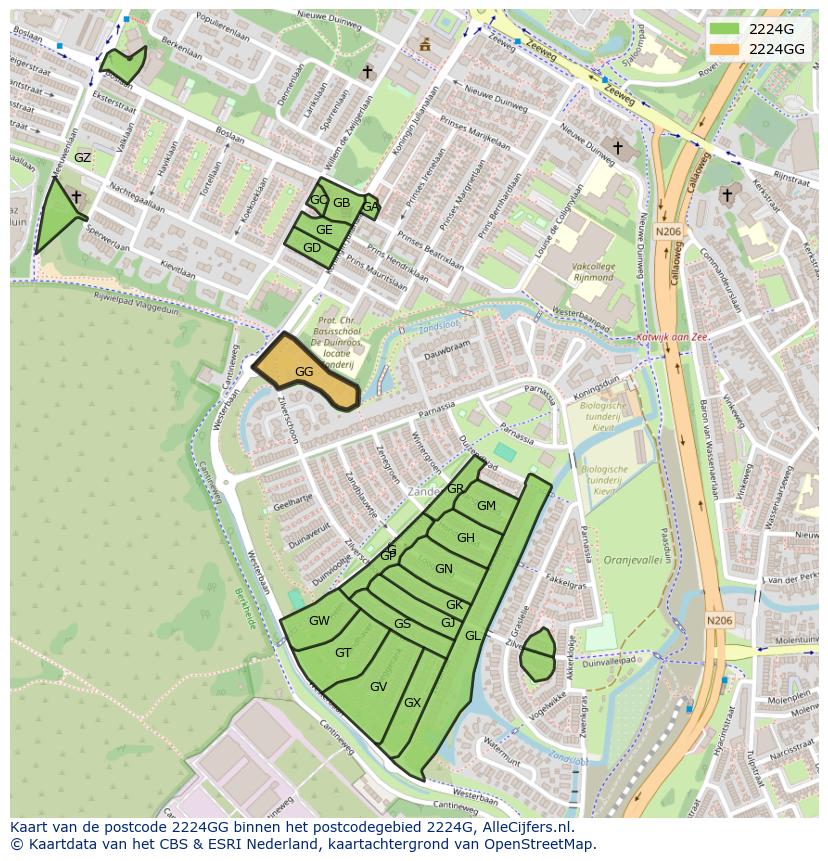 Afbeelding van het postcodegebied 2224 GG op de kaart.