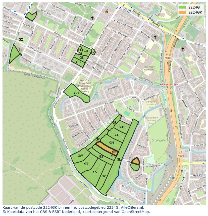 Afbeelding van het postcodegebied 2224 GK op de kaart.